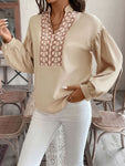 Perfee Printed Notched Long Sleeve Blouse