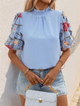 Perfee Embroidered Mock Neck Puff Sleeve Blouse