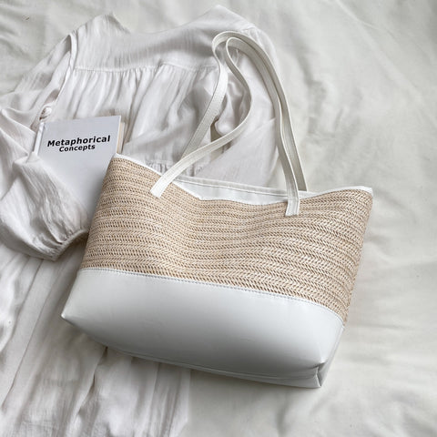 Straw Weave Leather Strap Tote Bag