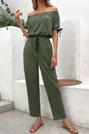 Perfee Off-Shoulder Tie Cuff Jumpsuit with Pockets