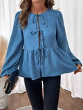 Peplum Tie Neck Balloon Sleeve Blouse