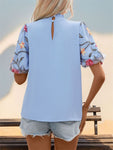 Perfee Embroidered Mock Neck Puff Sleeve Blouse