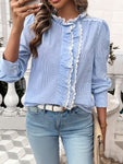 Devine Lace Detail Ruffled Round Neck Long Sleeve Shirt