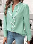 Devine Lace Detail Ruffled Round Neck Long Sleeve Shirt