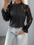 Perfee Mock Neck Lace Long Sleeve Blouse