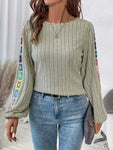 Embroidered Round Neck Long Sleeve Top