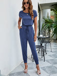 Drawstring Waist Short Sleeve Jogger Jumpsuit