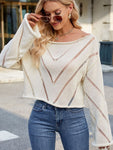 Openwork Boat Neck Long Sleeve Sweater