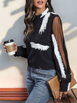 Perfee Mock Neck Mesh Long Sleeve Blouse