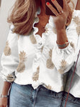 Ruffled Printed V-Neck Long Sleeve Blouse