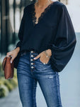 Lace Detail V-Neck Long Sleeve Blouse