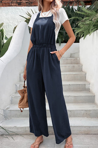 Perfee Elastic Waist Overalls with Pockets