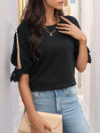 Perfee Round Neck Split Sleeve Blouse