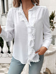 Devine Lace Detail Ruffled Round Neck Long Sleeve Shirt