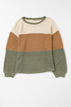 Waffle-Knit Color Block Round Neck Long Sleeve Blouse