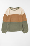 Waffle-Knit Color Block Round Neck Long Sleeve Blouse