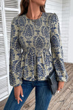 Peplum Printed Round Neck Long Sleeve Blouse