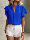 Ruffled Notched Short Sleeve Blouse