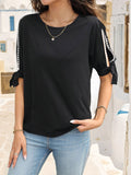 Perfee Round Neck Split Sleeve Blouse