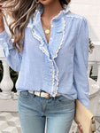 Devine Lace Detail Ruffled Round Neck Long Sleeve Shirt