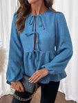 Peplum Tie Neck Balloon Sleeve Blouse