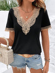 Lace Detail V-Neck Short Sleeve Blouse