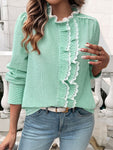 Devine Lace Detail Ruffled Round Neck Long Sleeve Shirt