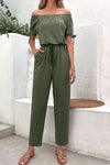 Perfee Off-Shoulder Tie Cuff Jumpsuit with Pockets