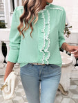 Devine Lace Detail Ruffled Round Neck Long Sleeve Shirt