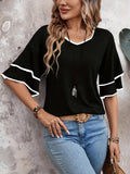 Contrast Trim V-Neck Half Sleeve Blouse