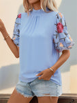 Perfee Embroidered Mock Neck Puff Sleeve Blouse