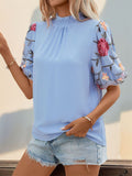 Perfee Embroidered Mock Neck Puff Sleeve Blouse