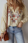 Embroidered Notched Long Sleeve Blouse