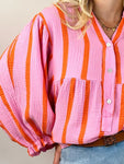 Striped Notched Long Sleeve Blouse
