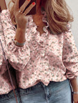 Ruffled Printed V-Neck Long Sleeve Blouse