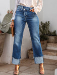 Stepped Waist Raw Hem Rolled Straight Jeans